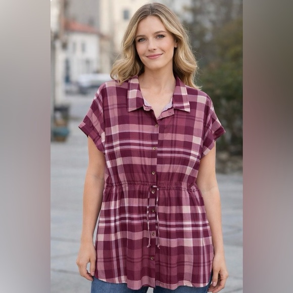 feathers Tops - Feathers Maternity plaid short sleeves shirt dress  1X
